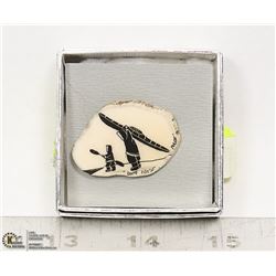 INUIT ART ON ANTLER HUNTER SCENE PIN