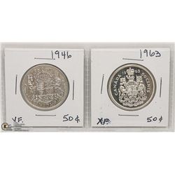 1946 AND 1963 SILVER FIFTY CENT COINS.