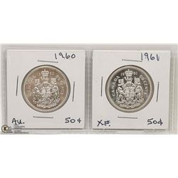 1960 AND 1961 SILVER FIFTY CENT COINS.