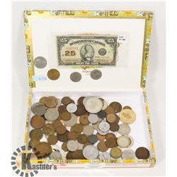 CIGAR BOX OF US,CANADA AND WORLD COINS