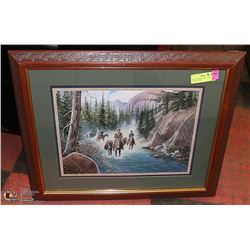 WOOD FRAMED MOUNTAIN & COWBOY SCENE