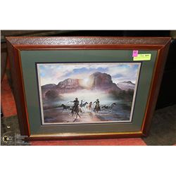 WOOD FRAMED COWBOY ROPING SCENE