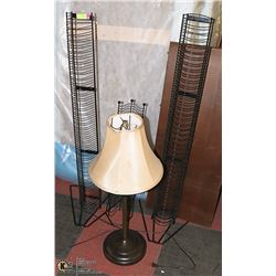 LOT OF 3 CD RACKS AND TABLE LAMP
