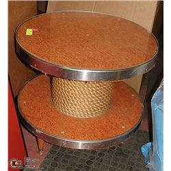 HAND MADE SPOOL COFFEE/SIDE TABLE. ORANGE CARPET