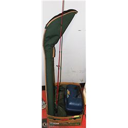 FISHING POLE, CASE, TACKLE BOX WITH FISHING WAITER