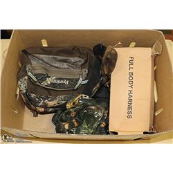 CAMO HIP SACK, CLIMBING HARNESS, MITTS, MASK