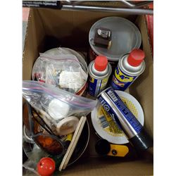 BOX OF ASSORTED HARDWARE, WD40 AND MUCH