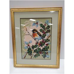 14 X 17 FRAMED NEEDLEPOINT ROBIN PICTURE
