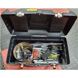 STANLEY TOOL BOX WITH ASSORTED TOOLS, HARDWARE.