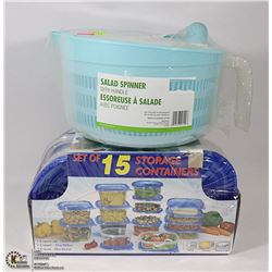 SET OF 15 STORAGE CONTAINERS AND SALAD SPINNER NEW