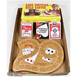CRIBBAGE BOARD WITH CARD SHUFFLER & 3 DECKS OF