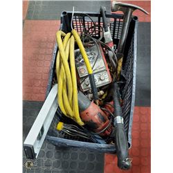 BLACK CRATE WITH ASSORTED TOOLS