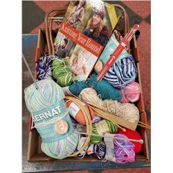 LARGE FLAT OF YARN, KNITTING NEEDLES AND
