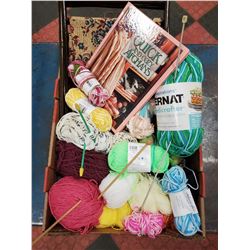 LARGE FLAT OF YARN, KNITTING NEEDLES AND