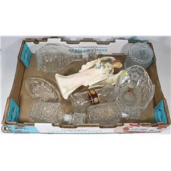 LARGE FLAT WITH LIQUOR DECANTERS, CANDY