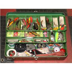 GREY ANTIQUE TABLE BOX WITH ASSORTMENT OF OLD