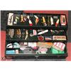 GREEN  ANTIQUE TACKLE BOX WITH AN ASSORTMENT