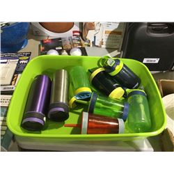 Bin of Misc Travel Mugs and Water Bottles