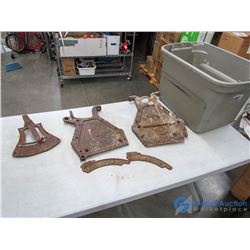 Plastic Tub w/Vintage International Harvester Drill Ends & Seed Rate Gauges