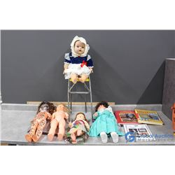 Vintage Metal Doll High Chair & Dolls