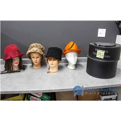 (4) Vintage Hats & Leather Hat Box