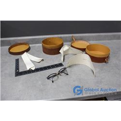 Vintage Mens Cuffs, Collar & Glasses & (2) Leather Cases