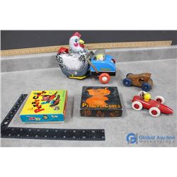 Tin Toy, Picture Cube Puzzles, Tin Hen, and Wooden Car