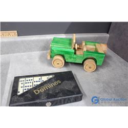 Heavy Wooden Jeep and Dominos in Case