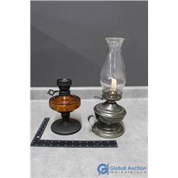 (2) Oil Lamps, & (1) Glass Shade