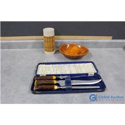 Vintage Household Items - Bone Handled Carving Set, Aladdin Thermos, & Bowl