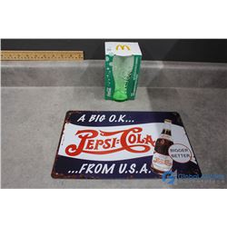Pepsi Repro Tin Sign & Coca-Cola Glass