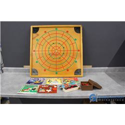 **(5) Kids Records & Wooden Crokinole/ Checkers Board