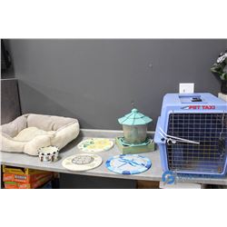 (3) Ceramic Garden Stepping Stones, (2) Bird Feeders, Pet Carrier, Dog Bed, & Dog Bowl