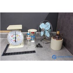 Assorted Household - Vintage Fan, Kitchen Scale, Measuring Cup