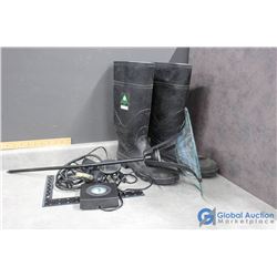 Size 10 Rubber Boots, Fountain Pump, Solar Light Dish