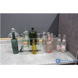 Vintage Glass Bottles in Metal Carrier