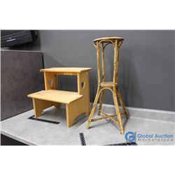 **Wooden Kitchen Step & Wicker Plant Stand