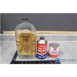 Frost-Tox Glass Bottle, Atlas Anti-Freeze & Mobil Stop-Leak Can