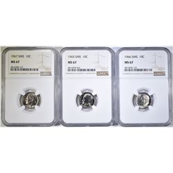 1965, 66 & 67 SMS ROOSEVELT DIMES, NGC MS-67