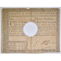 1780 $3.00 STATE OF NEW HAMPSHIRE NOTE