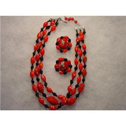 Japan Red Black Glass Necklace Earrings  Set  #1153266