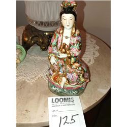 HAND PAINTED PORCELAIN FIGURINE OF ASIAN WOMAN, MARKINGS ON BASE