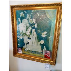 STILL LIFE PAINTING OF FLOWER VASE AND VIRGIN MARY STATUETTE W/ CHRIST CHILD