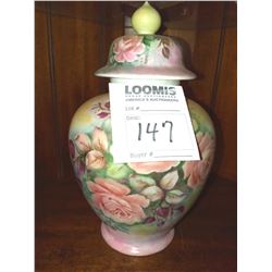 LARGE FLORAL PAINTED URN WITH LID, MARKED ON LID