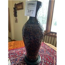 TALL HEAVY GLAZED VASE ON PEDESTAL, ROSE MOTIF