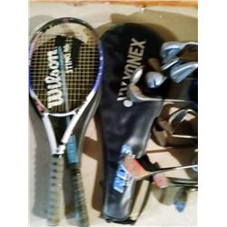 LOT OF VINTAGE GOLF CLUBS AND TENNIS RACKETS
