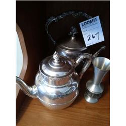 ORNATE SILVER PLATED TEA POTS AND CANDLE HOLDER LOT