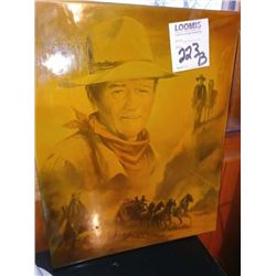 VINTAGE JOHN WAYNE PRINT ON WOOD, EPOXY FINISH, DEPICTING "THE WAR WAGON" MOVIE