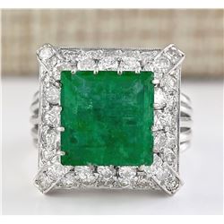 9.50 CTW Natural Emerald And Diamond Ring In 18K White Gold