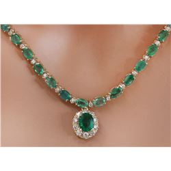 29.75 CTW Natural Emerald 14K Solid Yellow Gold Diamond Necklace